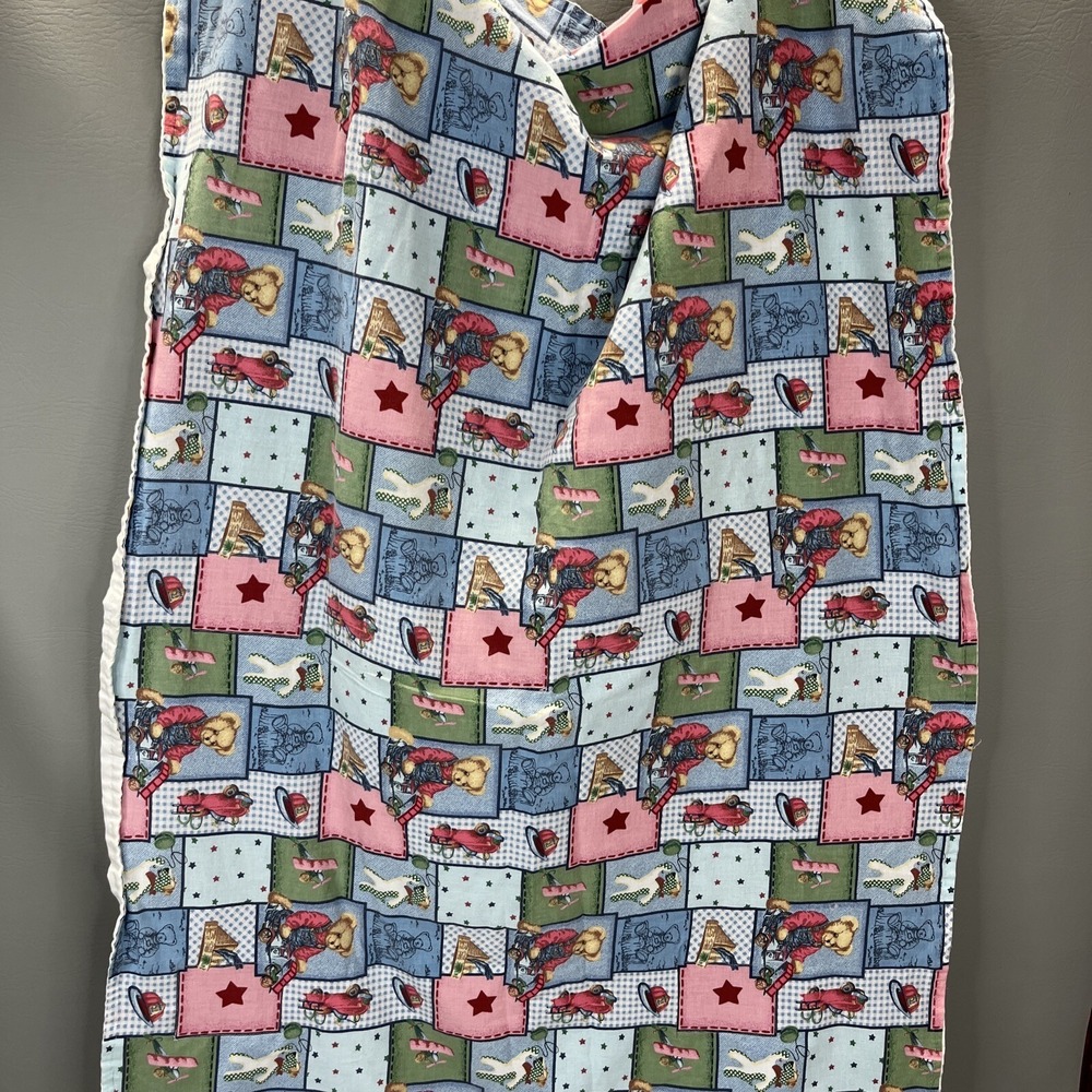 Blue Jean Teddy Toy Allover Fabric Vintage Baby Blanket Quilt 25"x39"
